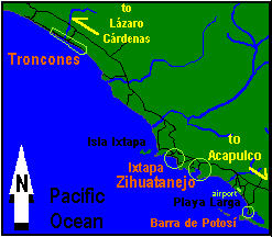 Mapa de la costa de Guerrero desde Barra de Potosí hasta Troncones y mostrando Zihuatanejo e Ixtapa MAPA DE LA COSTA DE GUERRERO MOSTRANDO ZIHUATANEJO, IXTAPA, TRONCONES Y LA BARRA DE POTOSÍ